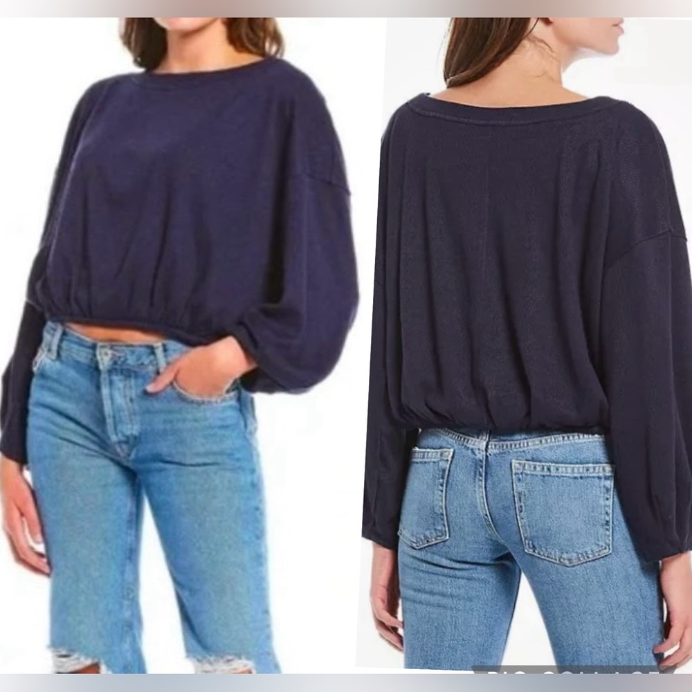 Free People We The Free Women’s Lg Navy Cuddle‎ Bubble Cropped Pullover